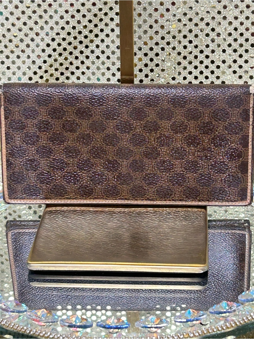 Celine Macadam Brown Leather Wallet with Subtle Logo Print Approx. 7.5 x 3